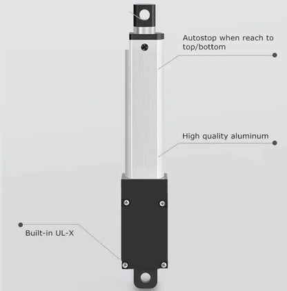 Front view of the DC 12V Small Linear Actuator with labeled aluminum body and automatic stop points