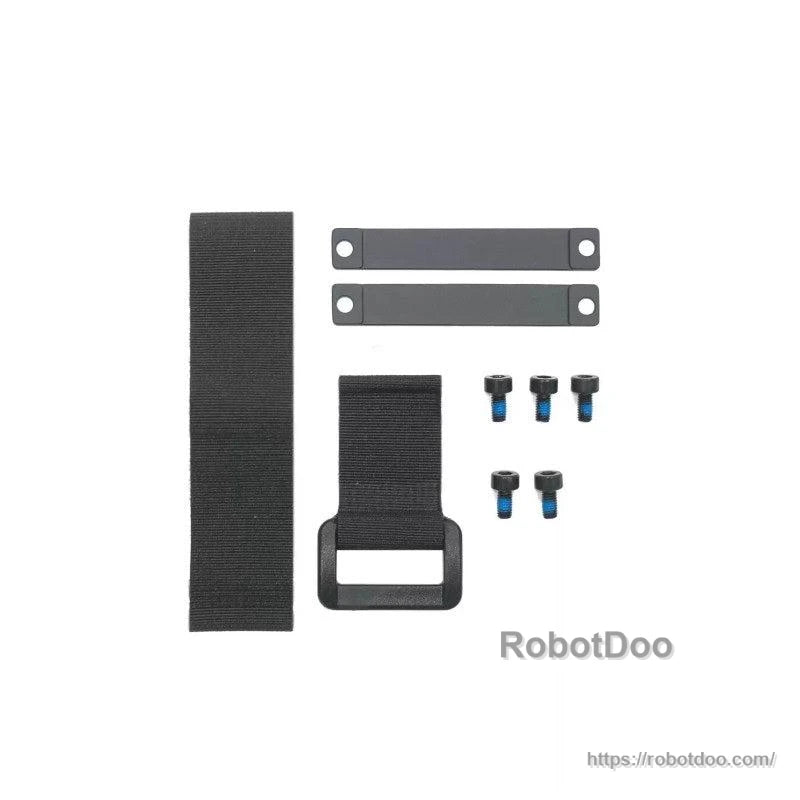 Included mounting kit: hook-and-loop straps, two metal brackets, and six screws for battery holder