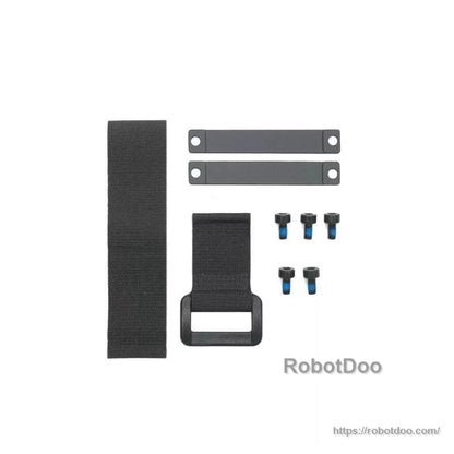 Included mounting kit: hook-and-loop straps, two metal brackets, and six screws for battery holder