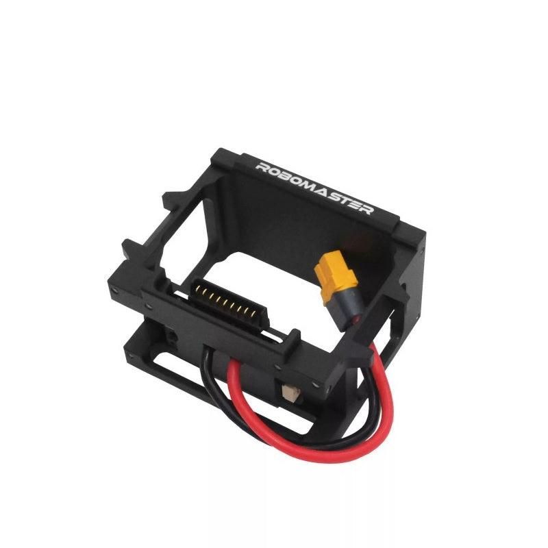 Angled view of RoboMaster battery mount frame showing XT60 plug, wiring, and internal connector pins