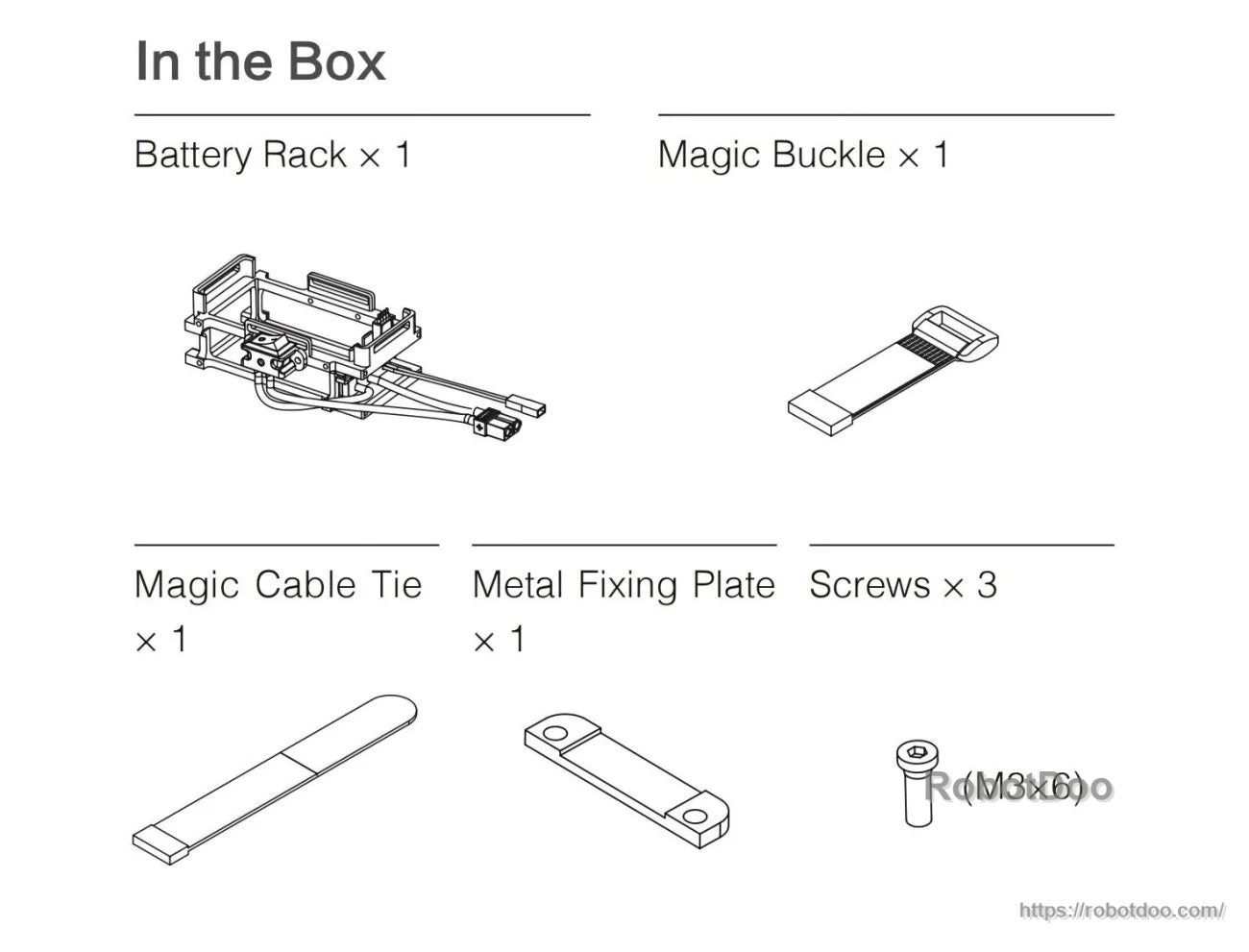 What’s included with the DJI RoboMaster battery rack kit: rack, magic buckle, cable tie, fixing plate, and screws