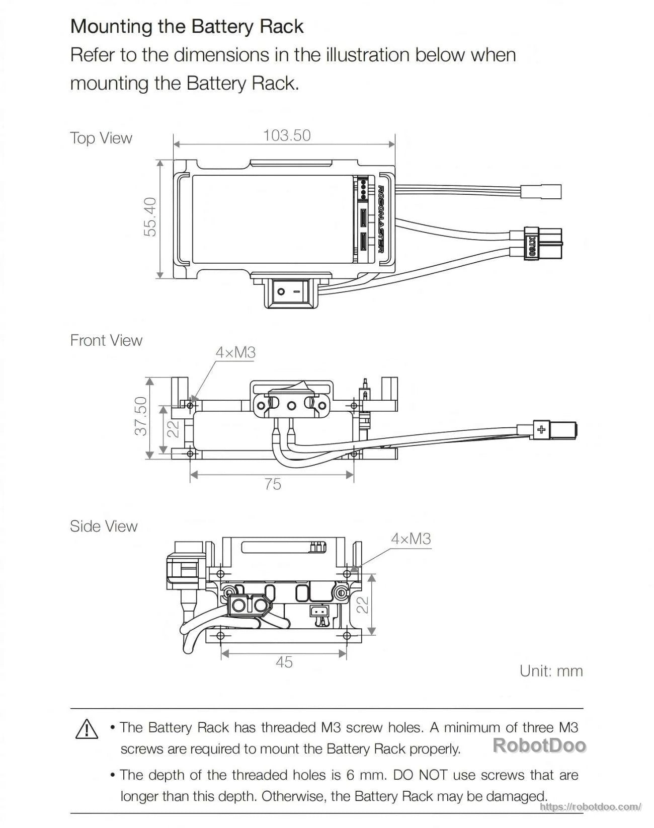 Mounting dimensions for the RoboMaster battery rack with 4× M3 threaded holes and 6 mm maximum screw depth