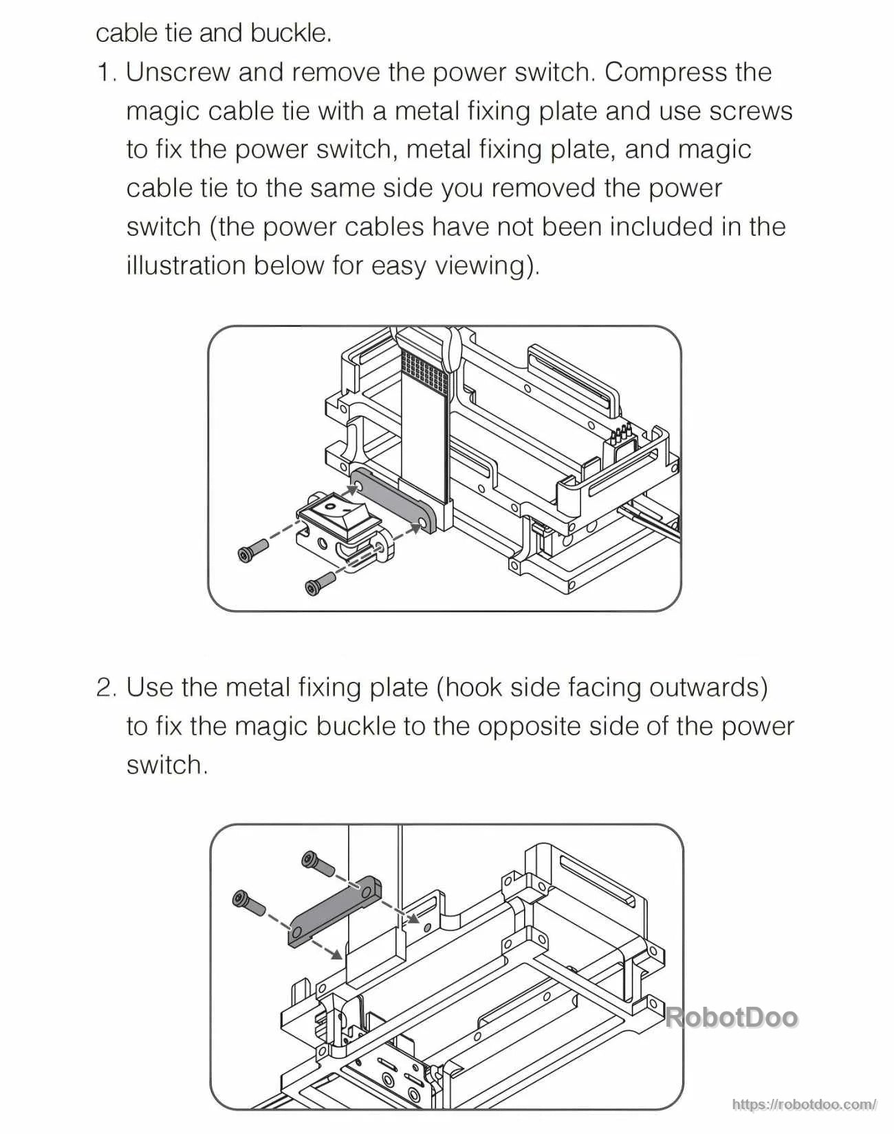 Assembly diagram for attaching the power switch and securing the magic cable tie and metal fixing plate on the battery rack