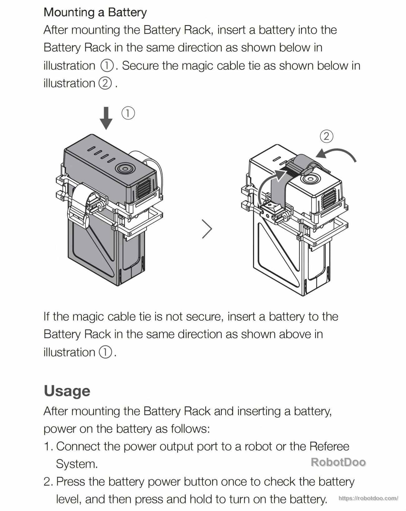 How to insert a RoboMaster battery into the rack and secure it with the magic cable tie before powering on