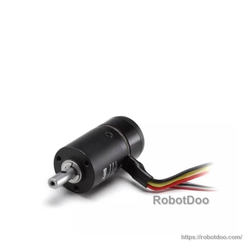 Front shaft close-up of brushless gear motor with mounting face and attached color-coded wires