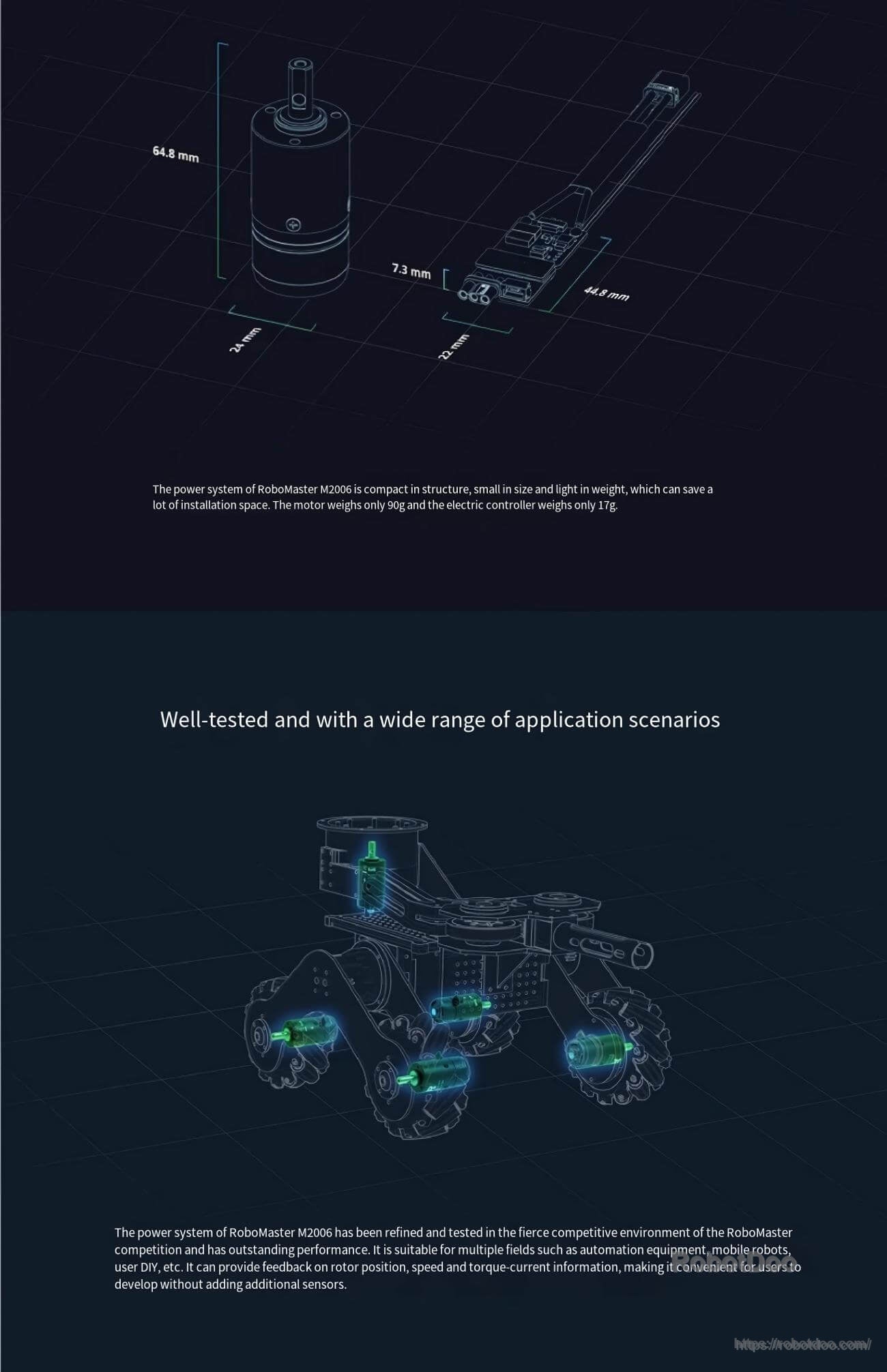 Mechanical dimensions for the M2006 motor and controller with example integration into a wheeled robot platform