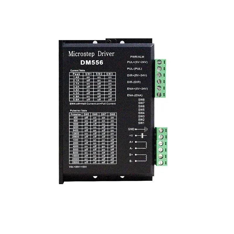 DM556 2-phase stepper motor driver front view with control terminals and microstep setting chart