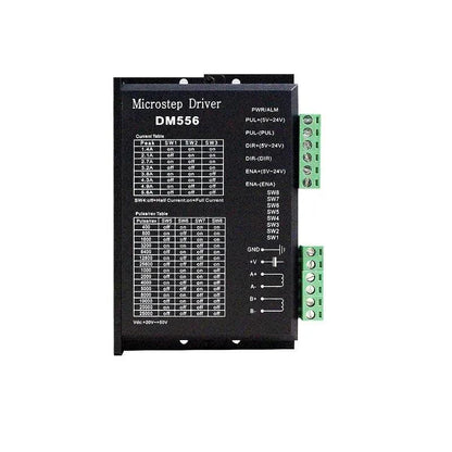 DM556 2-phase stepper motor driver front view with control terminals and microstep setting chart