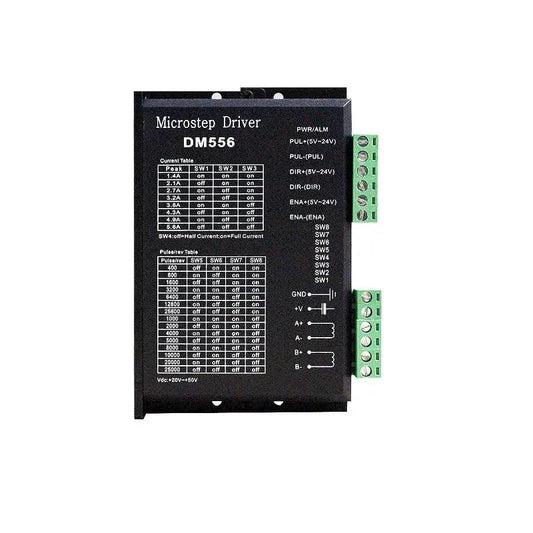 DM556 2-phase stepper motor driver front view with control terminals and microstep setting chart
