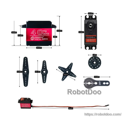 DS3240 servo motor dimensional diagram with mounting layout, control horns and cable measurements