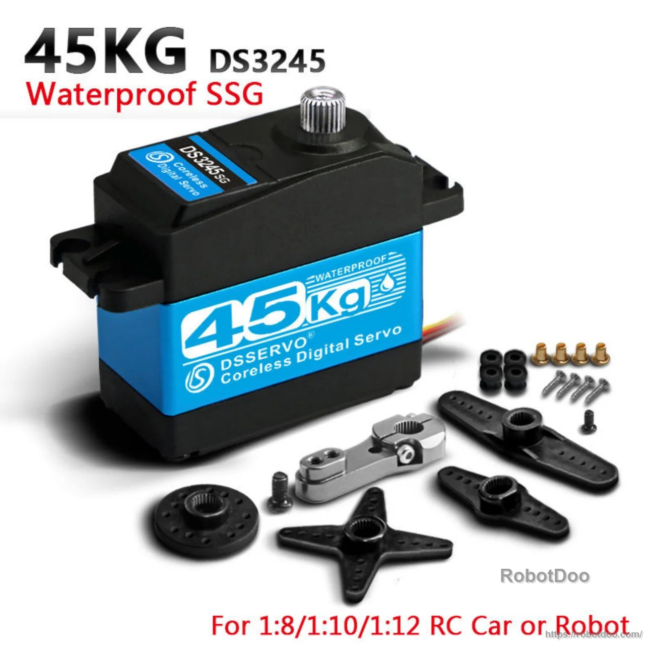DSSERVO DS3245SG servo motor with 45kg label, waterproof case, and servo horns plus mounting hardware