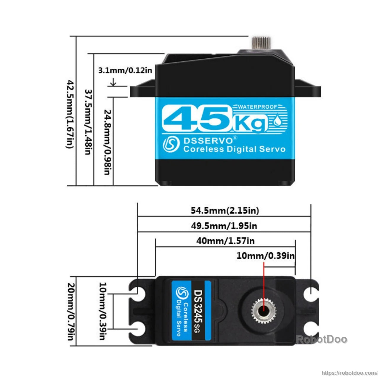 DS3245SG servo dimensions drawing with mounting hole spacing, case size, and spline/output position measurements