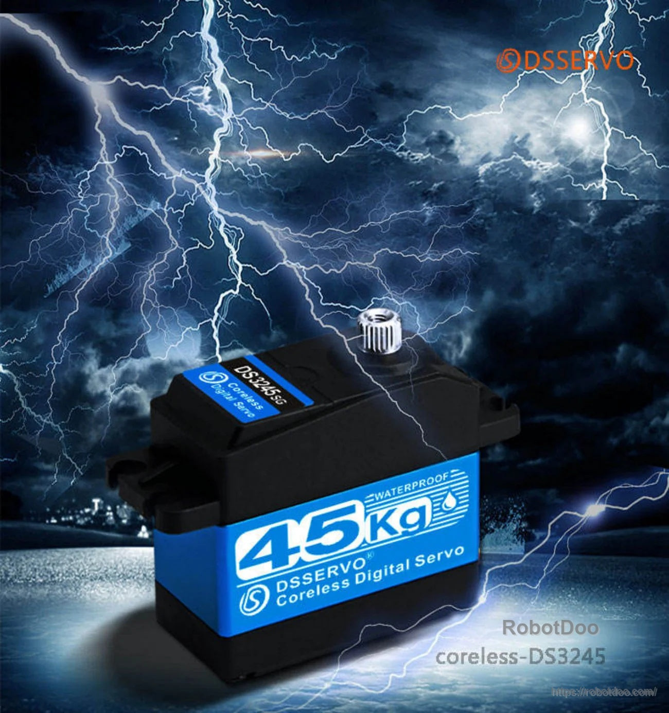 DSSERVO DS3245SG waterproof coreless digital servo motor, 45kg label, angled view on dark background