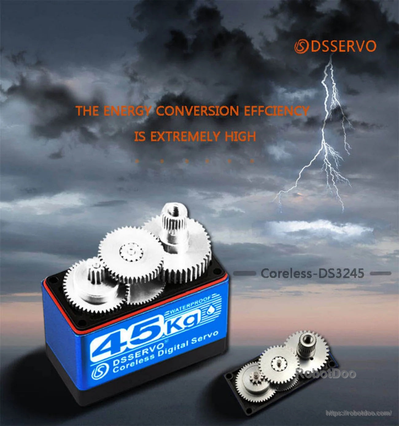 Coreless DS3245 servo motor with top cover removed to highlight metal gear train and output shaft