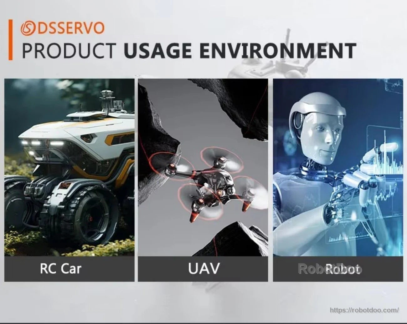 Application collage for DSSERVO servo use in RC car, UAV, and humanoid/robotic arm environments