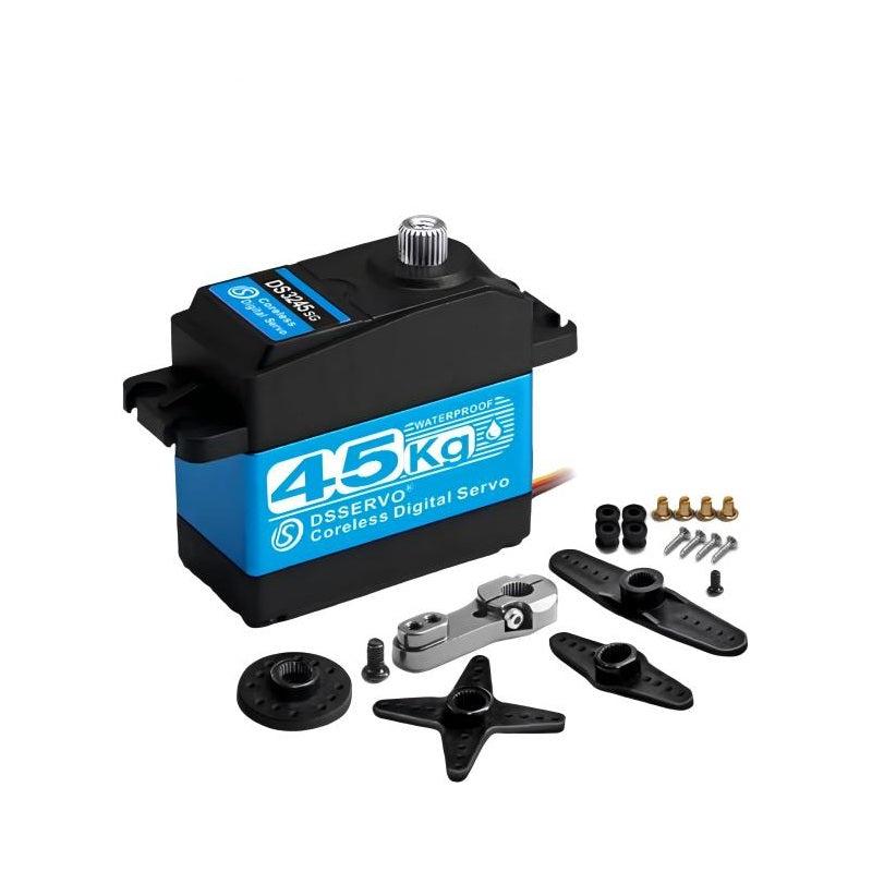 DSSERVO DS3245SG servo motor with 45kg waterproof label and included horns, screws, and mounting parts