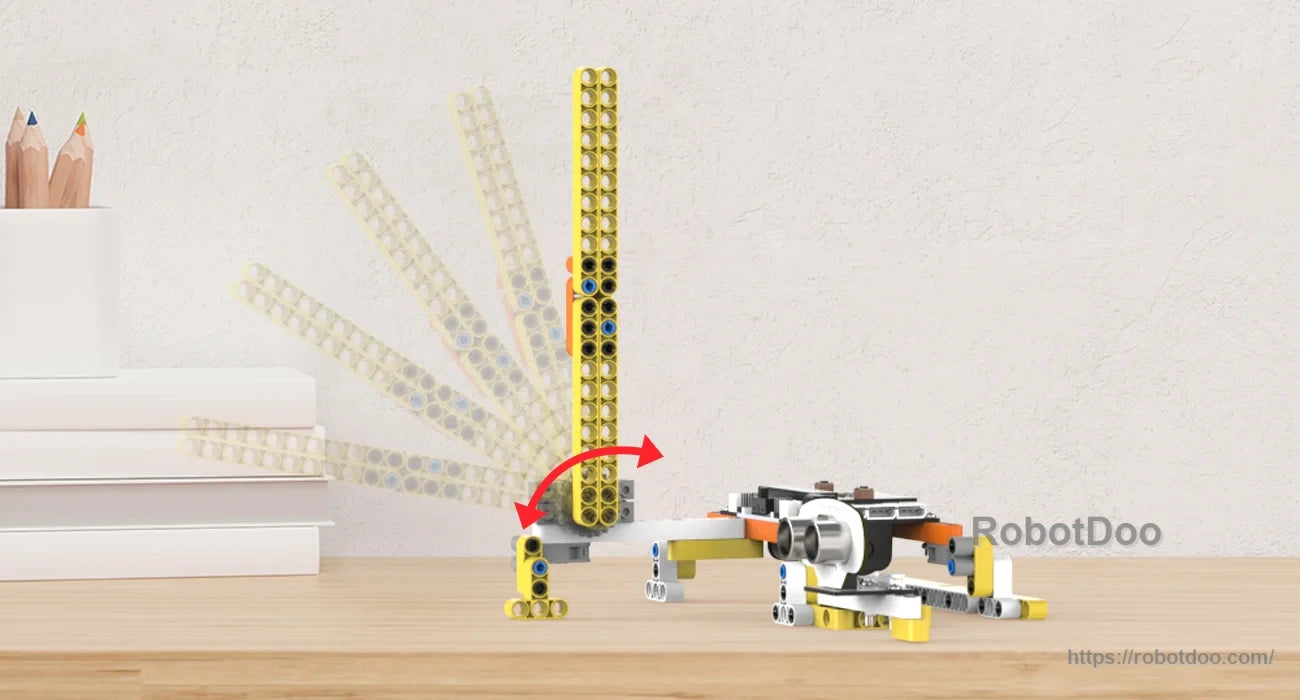 Articulated building-block arm model with a tall pivoting yellow beam
