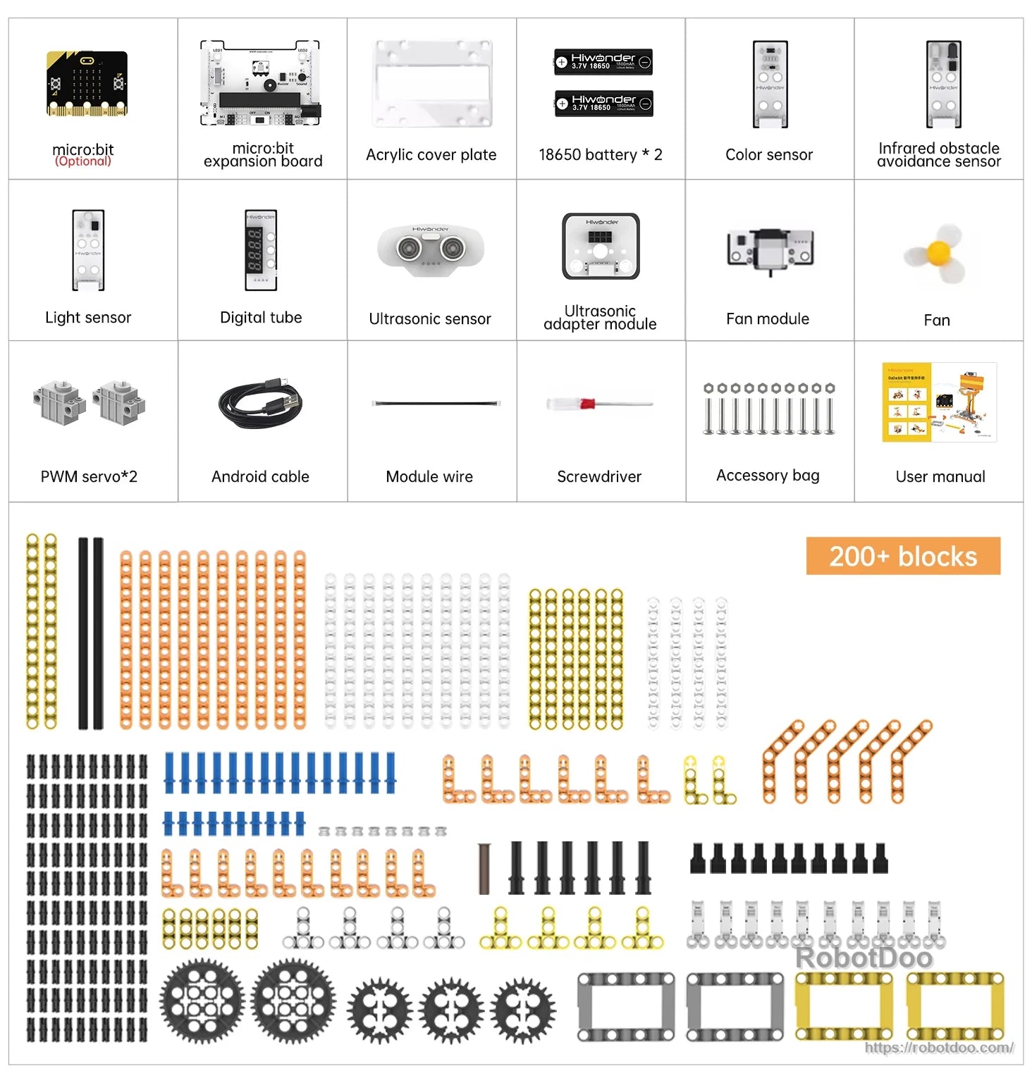 DaDa:bit micro:bit STEM robotics kit with expansion board, sensors, fan module, battery packs and 200+ building blocks