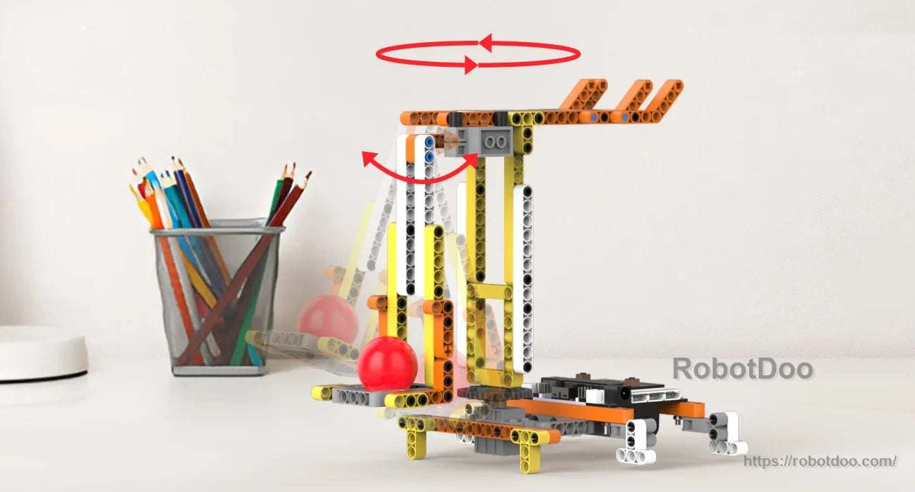 DaDa:bit micro:bit DIY building blocks kit assembled as a robotic lifting crane with rotating arm and pulley