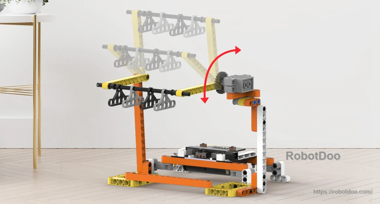 Motorized rotating rack model with hanging holders and a geared drive mechanism
