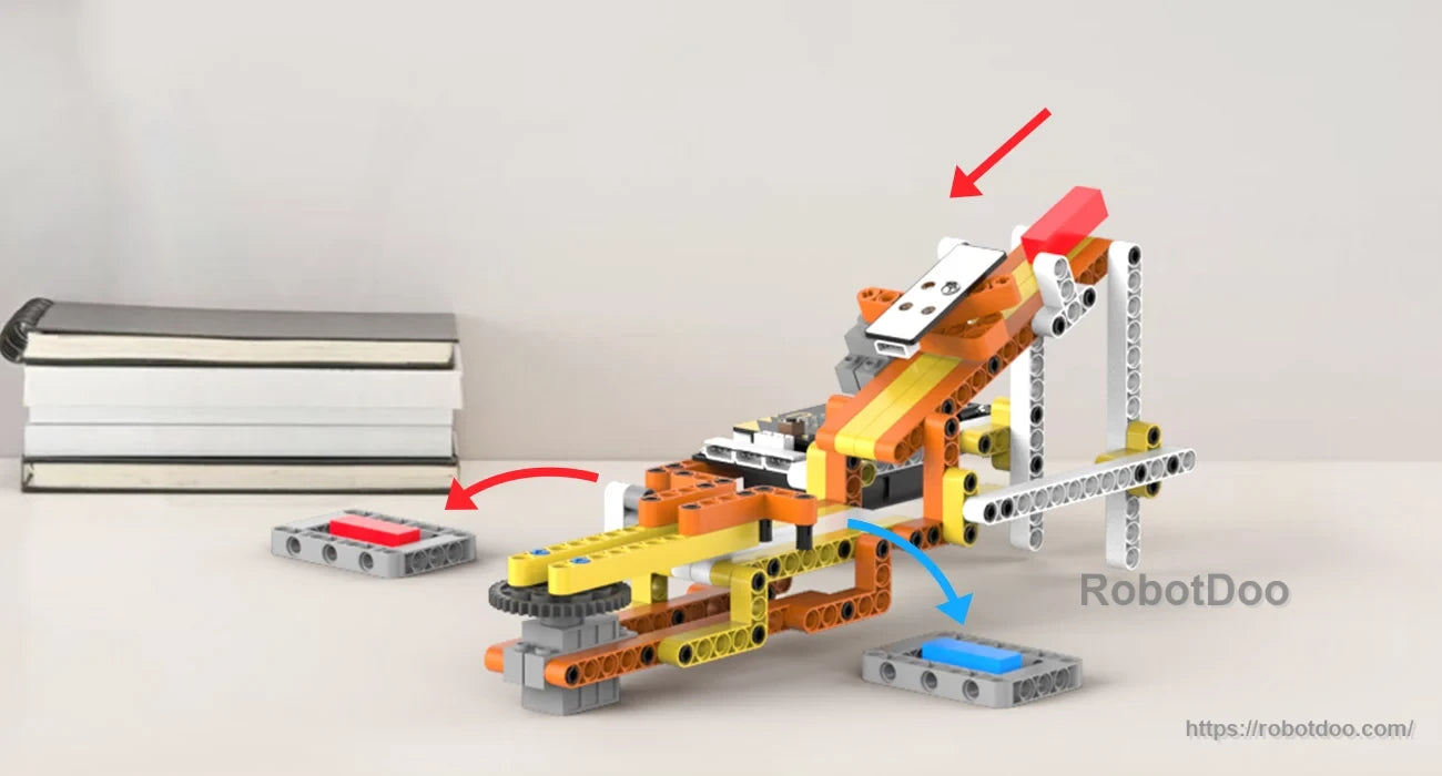 Block-built mechanical launcher with red and blue button controllers and moving arm