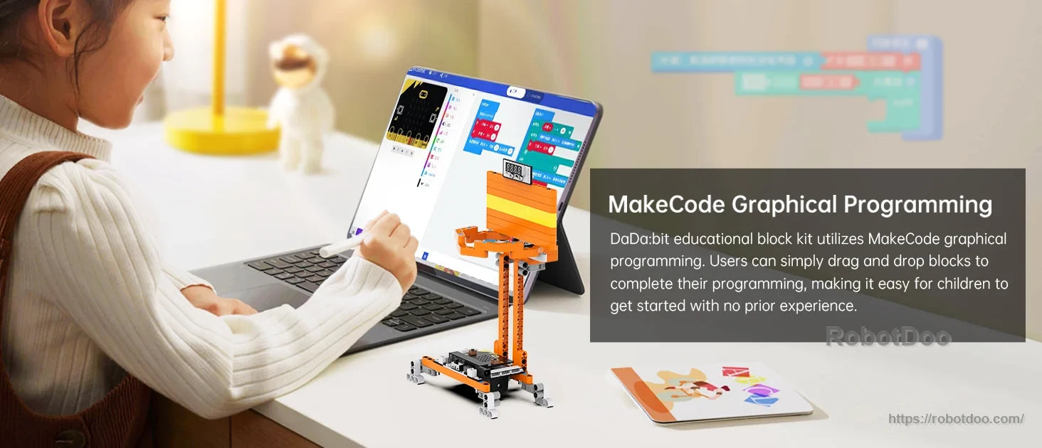 DaDa:bit micro:bit STEM robotics kit with a desktop robot arm and MakeCode graphical programming on a tablet