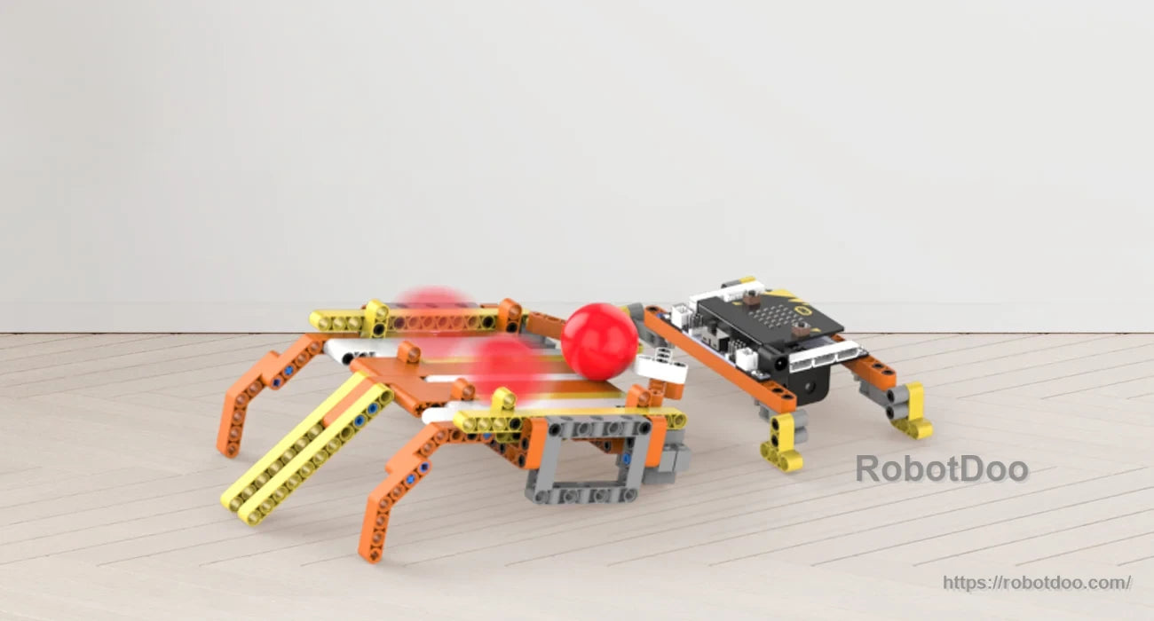 DaDa:bit micro:bit DIY building blocks kit assembled as a multi-legged STEM robotics model with motors