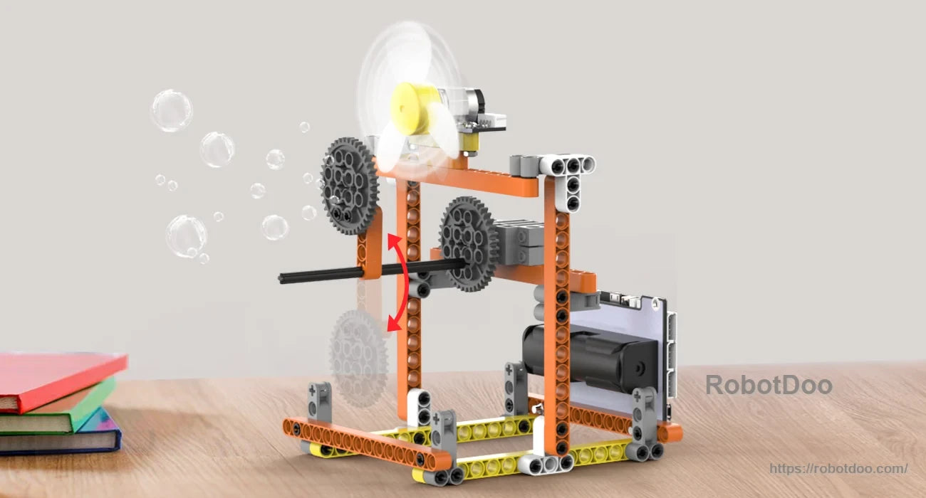 Gear-driven bubble blower model with a spinning fan and motorized mechanism