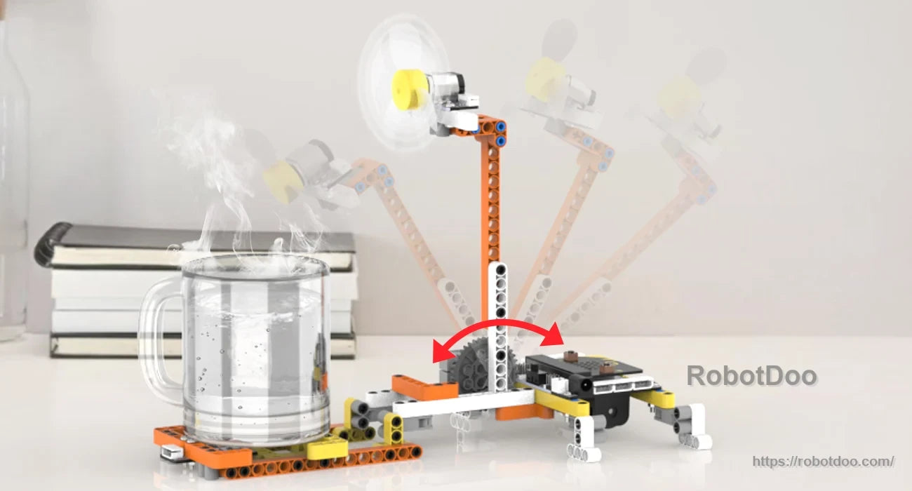Motorized fan model with a tilting arm aimed over a cup of steaming water