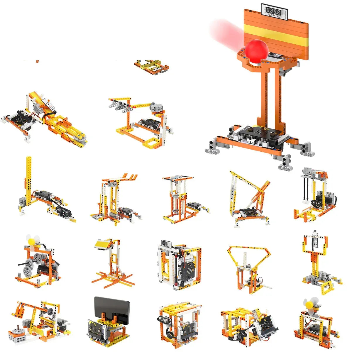 DaDa:bit micro:bit DIY building blocks kit shown as a collection of robotics project models