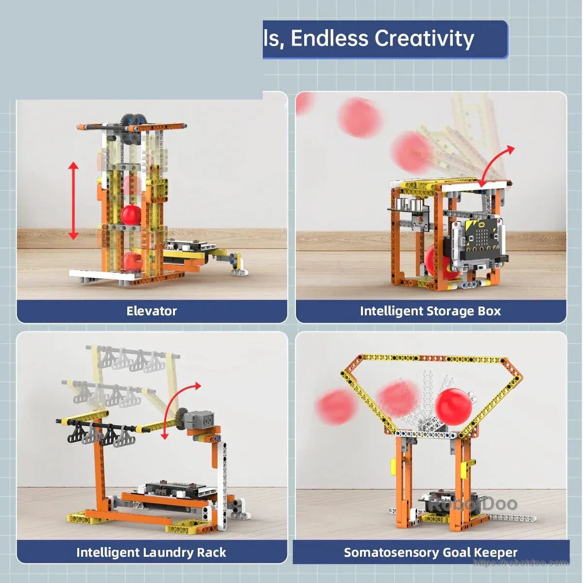 DaDa:bit STEM robotics models including elevator, storage box, laundry rack, and goal keeper