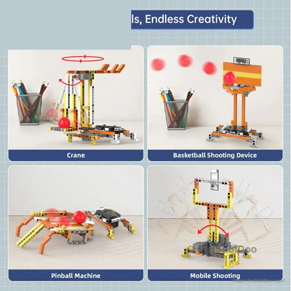 DaDa:bit building-block projects: crane, basketball shooter, pinball machine, and mobile shooting model