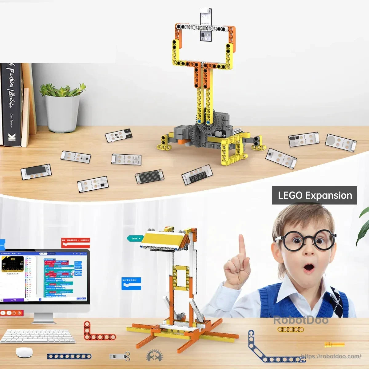 micro:bit building-block basketball model and graphical coding project shown beside a child at a computer
