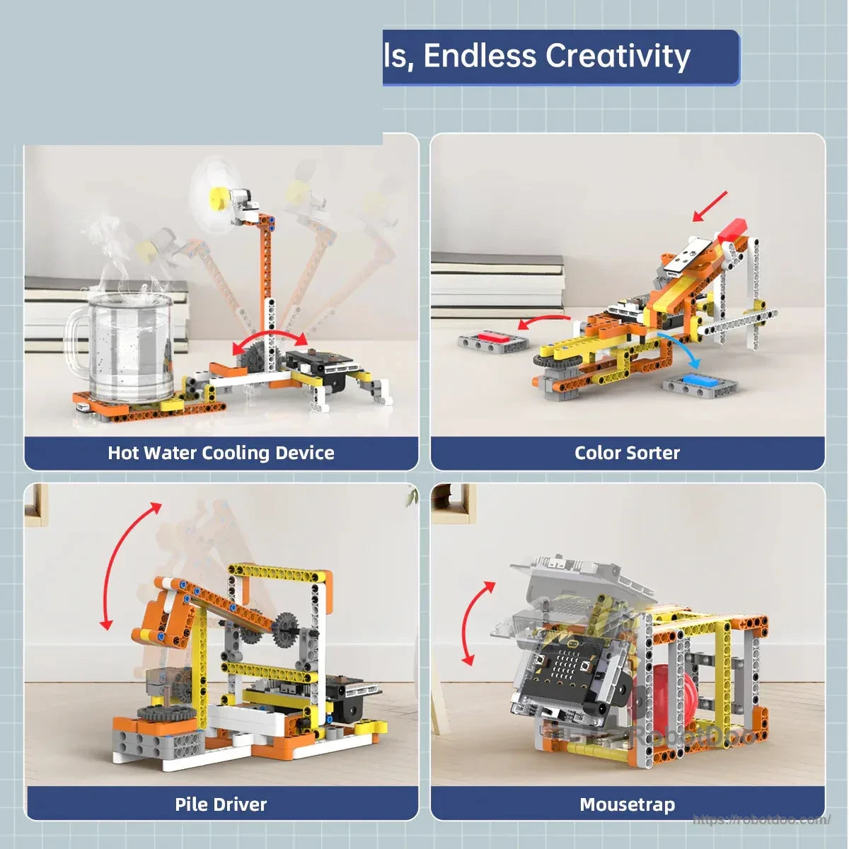 DaDa:bit building-block models for hot water cooling, color sorting, pile driving, and mousetrap