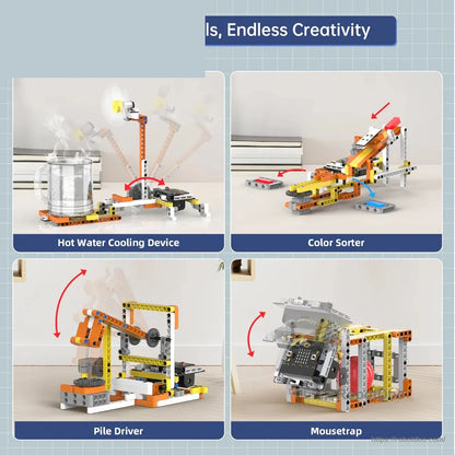DaDa:bit building-block models for hot water cooling, color sorting, pile driving, and mousetrap