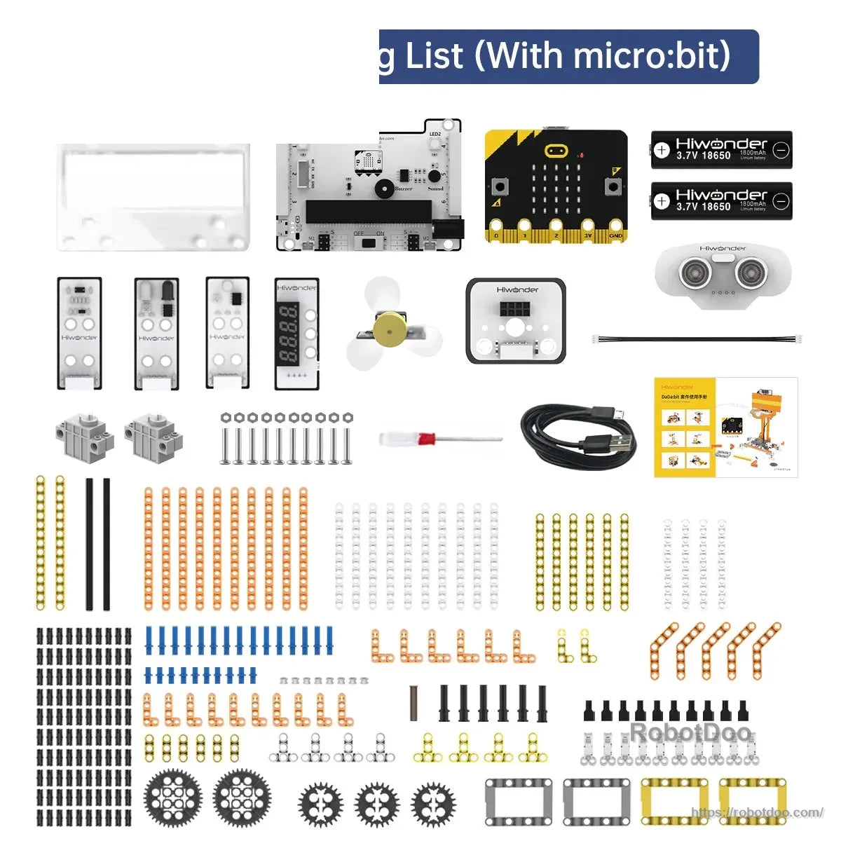 DaDa:bit kit contents with micro:bit board, expansion board, sensors, motors, cables, and building pieces