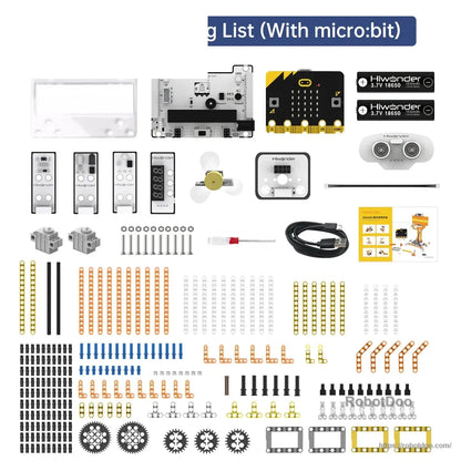 DaDa:bit kit contents with micro:bit board, expansion board, sensors, motors, cables, and building pieces