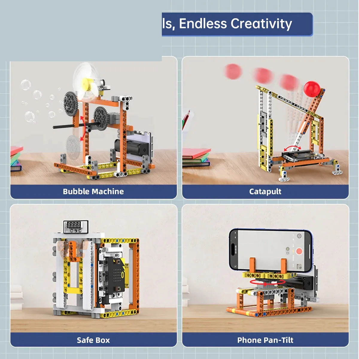 Four DaDa:bit robotics builds: bubble machine, catapult, safe box, and phone pan-tilt stand