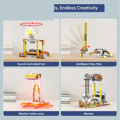 DaDa:bit DIY robotics builds showing a sound-controlled fan, stop pole, table lamp, and blender