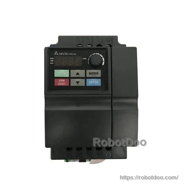 Delta VFD-EL AC drive front control panel with display, speed dial, mode, enter, and stop/reset keys