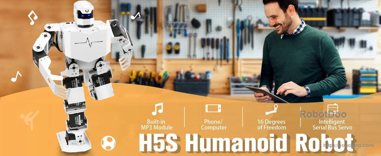 Hiwonder H5S 16DOF humanoid dancing robot posed in a workshop setting