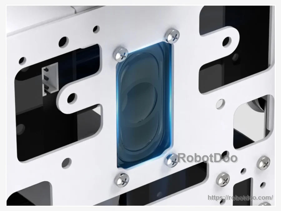 Integrated speaker mounted behind the humanoid robot's aluminum body panel