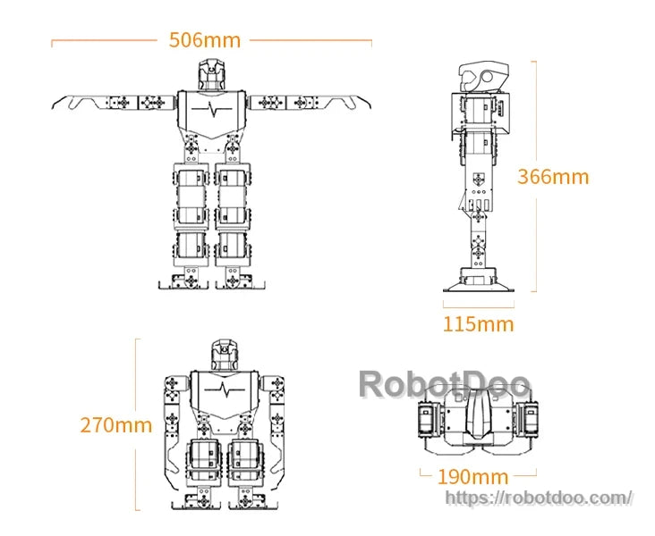 H5S humanoid robot dimensional drawing with height, width, depth, and arm-span measurements