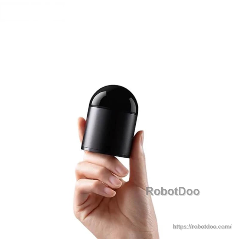 Handheld compact LiDAR sensor with glossy dome top, RobotDoo watermark on white background