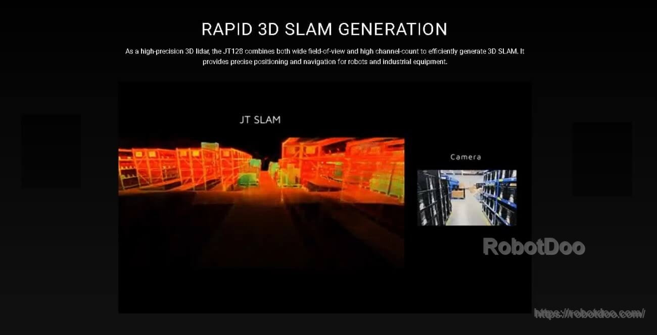 Rapid 3D SLAM generation example from JT128, with colored SLAM map and warehouse camera view