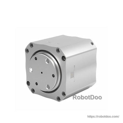 Angled view of robot joint motor module with circular mounting plate and bolt holes (RobotDoo watermark)