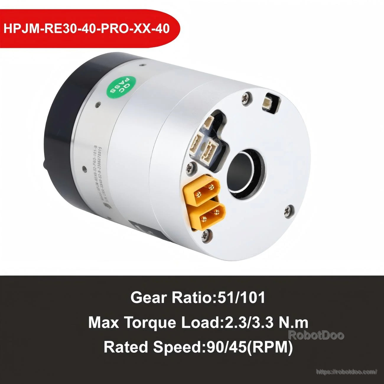HONPINE HPJM-RE30-40-PRO motor module with reduction gearbox, hollow-shaft encoder opening, and CAN connectors