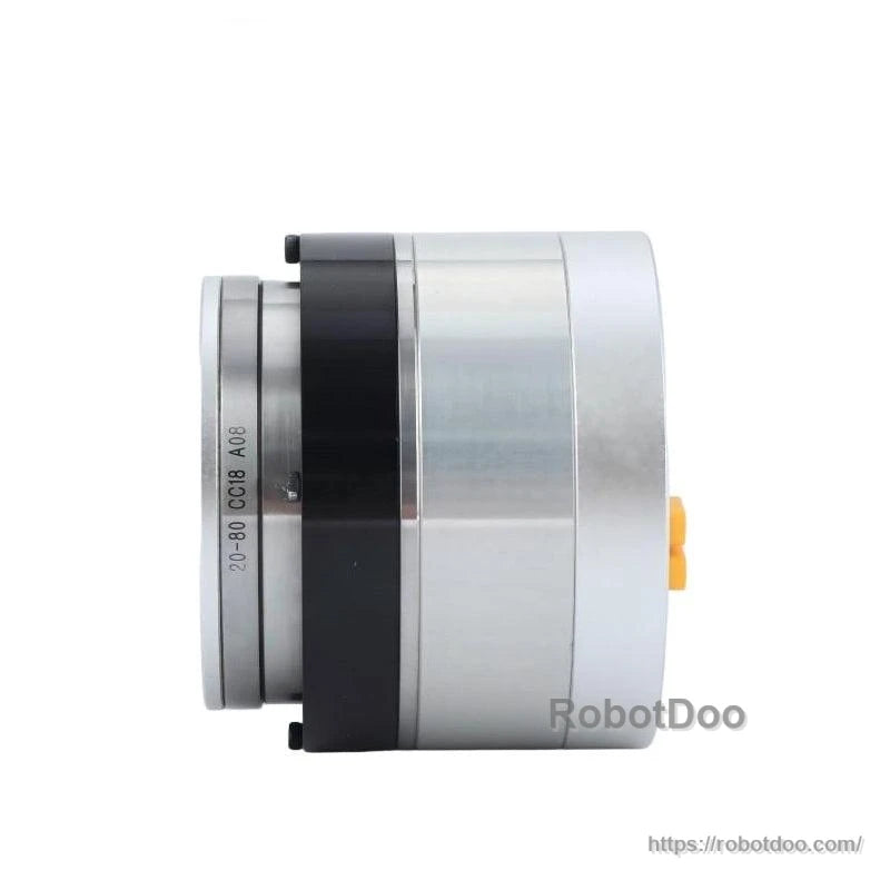 Side profile view of cylindrical motor housing with black band and printed rim marking on flange