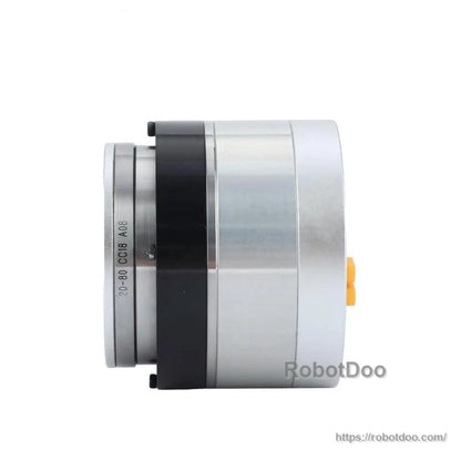 Side profile view of cylindrical motor housing with black band and printed rim marking on flange