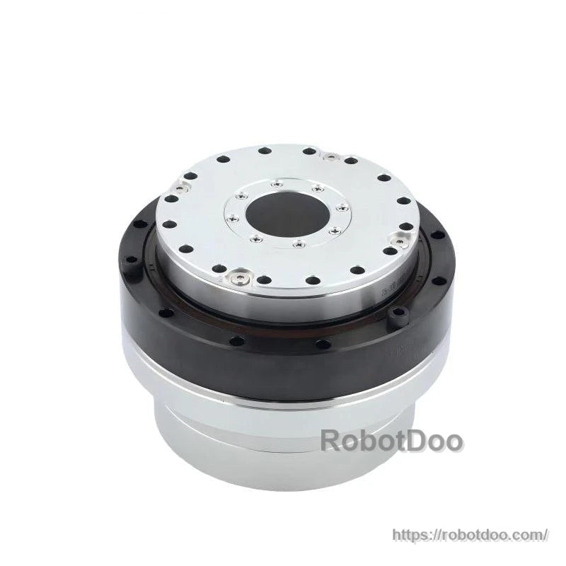 Angled top view of motor joint module highlighting front mounting plate, bolt circle, and black ring